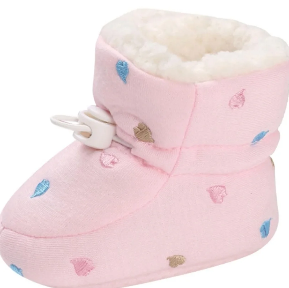 Pink Sherpa Lined Baby Booties with Blue Gold Pink Heart Accents Size 0-6 Months